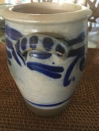 Antique Cobalt Blue Salt Glaze Westerwald Stoneware Crock with Lug Handles 8.  75 