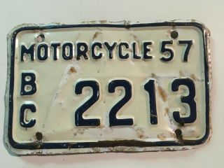 1957 British Columbia Motorcycle License Plate Canada Rare