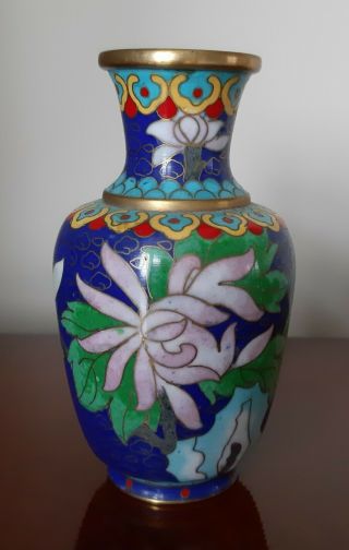 Lovely Vintage Chinese Cloisonne Ruyie Shouldered Vase Blue With Pink Magnolias