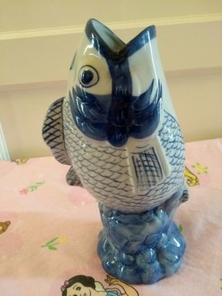 Antique Old Porcelain Blue And White Lucky Koi Karp Fish Vase