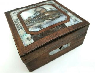 Exquisite C19th Antique Japanese Rosewood Box/mother - Of - Pearl Pictorial Inlay