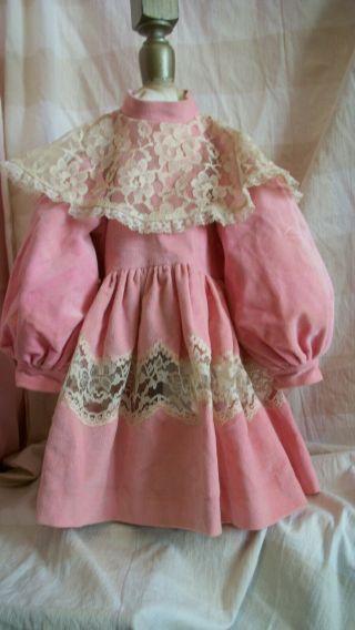 Pink Velvet And Lace Dress For Large Antique German Or French Doll