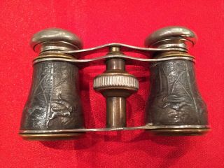 Antique Opera Glasses Pouch Chevaller Binoculars Brass/silver/image Of Hunt