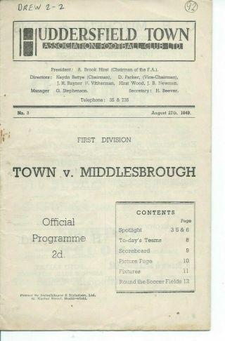 Rare Huddersfield Town V Middlesbrough Prog 27/8/49 Div 1 1949/50