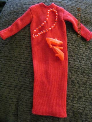 Vintage Barbie Red Knit Dress,  Shoes And Necklace.
