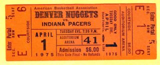 Rare 1975 Aba Basketball Full Ticket - 4/1/75 - Nuggets/pacers