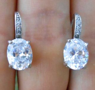 6.  56ctw White Sapphire Estate Vintage Solid Sterling Silver Leverback Earrings
