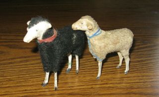 2 Antique German Putz Woolly Stick Leg Sheep 1 Black & 1 White Germany