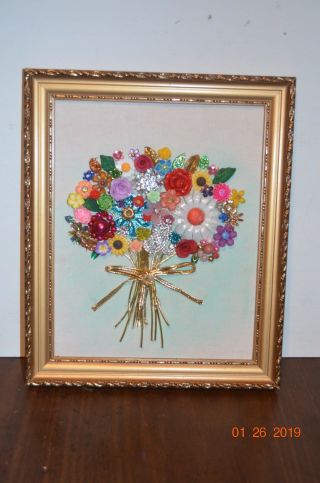 Flower Bouquet Art Made From Vintage Jewelry Framed 10 X 12 " Pic 3 Valentines