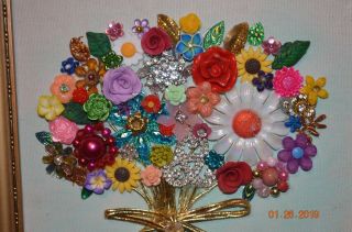 Flower Bouquet Art Made from Vintage Jewelry Framed 10 x 12 