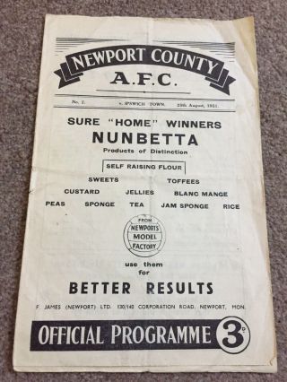 Rare Newport County V Ipswich Town 1951 - 52