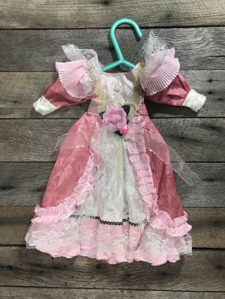 Vintage/ Antique Doll Dress,  Victorian Pink And White Lace Rose Floral 14”