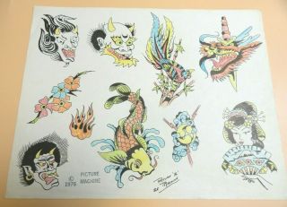 Vintage 1976 Rare Picture Machine Tattoo Flash Sheet Demons Geisha Dragon