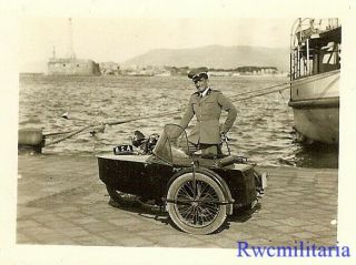 Rare Axis Italian Army Officer Posed By Harbor W/ Motorcycle (b.  S.  A. )
