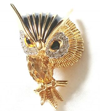 Vintage Jomaz Brooch Owl Bird Pin Jeweled Rare Signed Piece Gold Toned