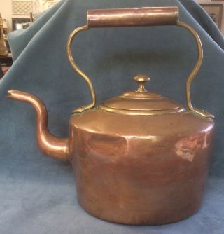 Antique Dovetail Gooseneck Copper Kettle Tea Pot With Lid Handle 13” Tall Brass
