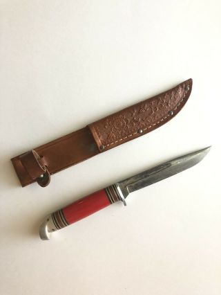 Rare Vintage Western Field Fixed Blade Knife Red W/ Leather Sheath
