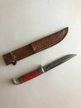 Rare Vintage Western Field Fixed Blade Knife Red W/ Leather Sheath 2