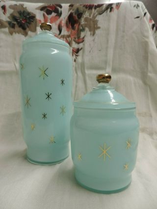 Two Vintage Glass Storage Jars W/ Lids Turquoise Vanity Canisters Bath Storage