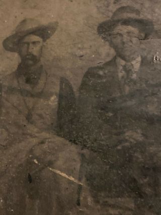 Antique 1800s Tintype Photograph 2 Men In Hats One Wearing Necklace