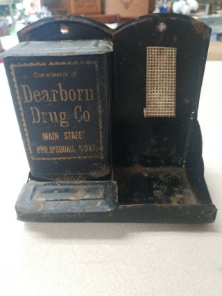 Antique Black Tin/metal Match Safe W/ Striker Dearborn Drug Co Main St Montana
