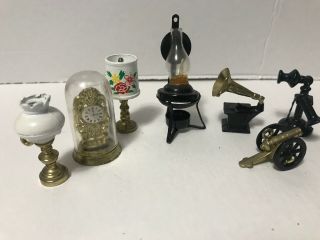 7 Doll House Miniature Metal Brass Oil Electric Lamp Clock Gramophone Telephone