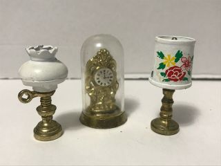 7 Doll House Miniature Metal Brass Oil Electric Lamp Clock Gramophone Telephone 2