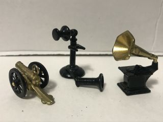 7 Doll House Miniature Metal Brass Oil Electric Lamp Clock Gramophone Telephone 3