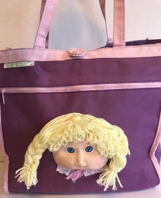 vintage cabbage patch doll head bag tote purple 1983 toy 2
