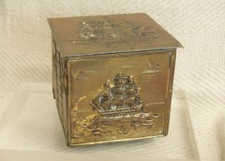 Vintage Elpec Brass On Wood Tea Caddy With Nautical Gallion Theme