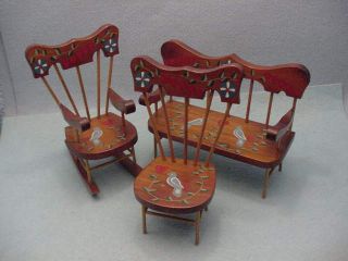 Vintage Wooden Hand Painted Bench & Chair Doll Hous Furniture