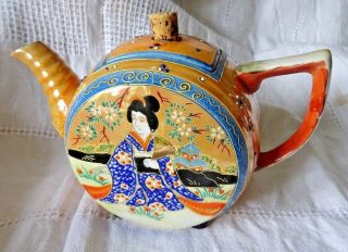 Satsuma Japanese Tea Pot Geisha Hand Painted Gilded Porcelain