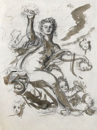 Antique Old Master French / Italian School Women Angels Cherub Ink Wash Drawing