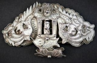 C1880,  Antique 19thc Qing Chinese Solid Silver Hat Ornament Clasp Fish & Birds
