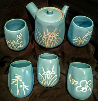 Hagi Yaki Ware Yutaka Blue Teapot & 5 Tea Cups Set.  Antique Japanese Porcelain
