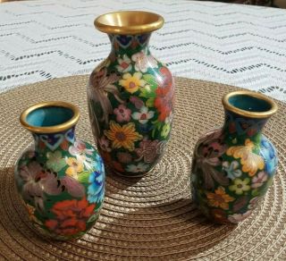 3pc.  Antique Chinese Enamel Cloisonne Brass Vase