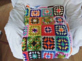 Vintage Crochet Afghan Multi Colored Granny Squares Throw Lap Blanket Handmade