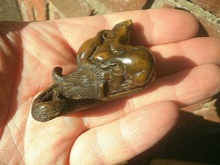 Hand Carved Wood Netsuke Mice Or Rats On Corn Cob Collectable Boxwood Figure.  2