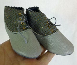 95mm All Leather Shoes For Antique Doll,  Italian Leather,  Shoes,  Grey & Gold