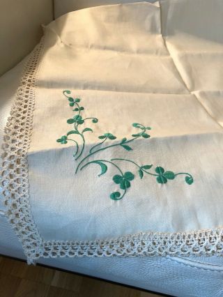 Vintage 1950s Pure Irish Linen Cream Tablecloth Embroidered Green Shamrocks Vgc