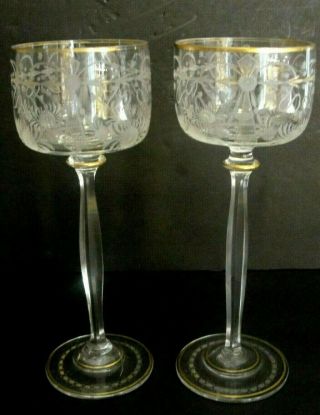 Antique Bohemian Moser Hand Cut 2 Goblets Glasses