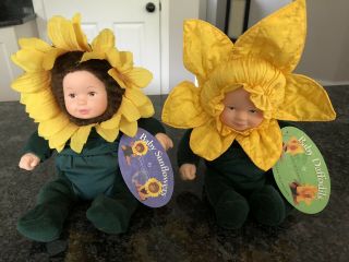 Vintage 1990’s Anne Geddes Baby Sunflower And Daffodil Flower Dolls W/ Tags