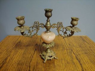 Antique Victorian Gold Painted Cast Iron 3 Candle Candlestick Candelabra Holder
