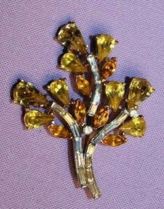 Rare Crown Trifari Signed Gold Tone Pin With Topaz And Citrine Stones Pat.  Pend.