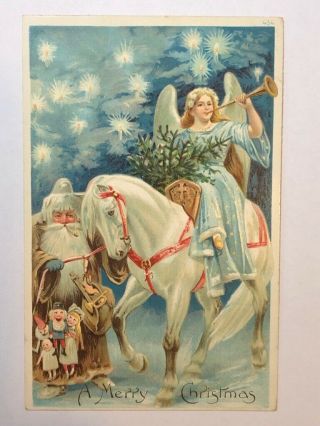 C 1910 Brown Robe Santa Claus Christmas Angel Horse Postcard Germany Antique Ex