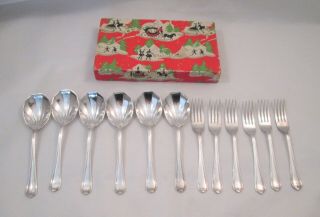 Boxed Set Of 6 Art Deco Silver Plated Dessert Spoons & Cake Forks - Reg No