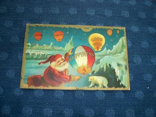 Vintage Antique Postcard Christmas Santa Hot Air Balloon 1909 Rare