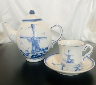 Vintage Imperial Porcelain China 4 " Teapot,  Cup & Saucer White W.  Windmill