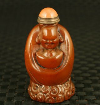 Rare Old Shoushan Stone Handcarved God Of Wealth Snuff Bottle,  Upscale Gift Box