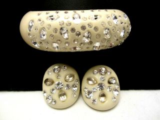 Rare Vintage Signed Weiss Bakelite Ab Rhinestone Bracelet & Clip Earring Set A48